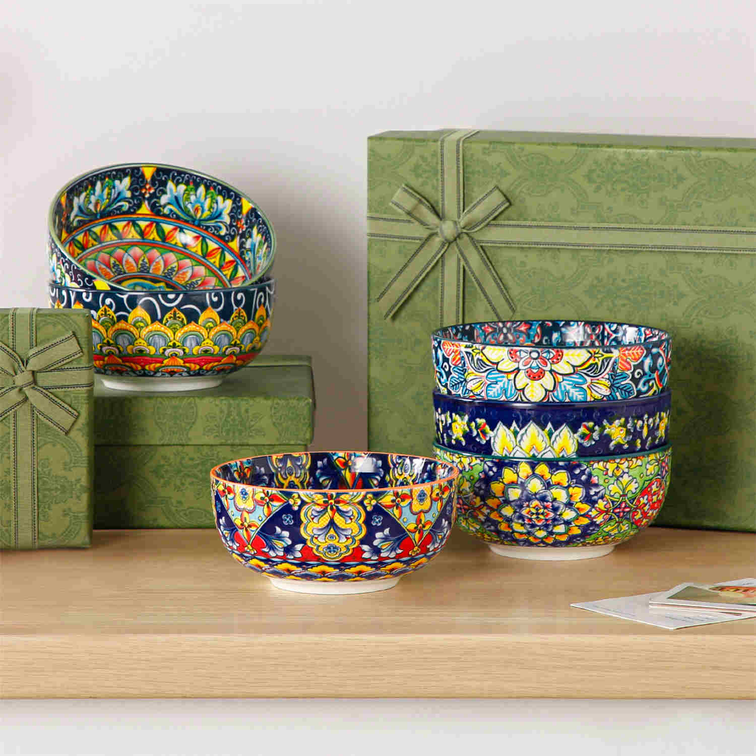 The Simi Set of 6 Double-Sided Stoneware Bowls features a stylish boho chic design-vancasso