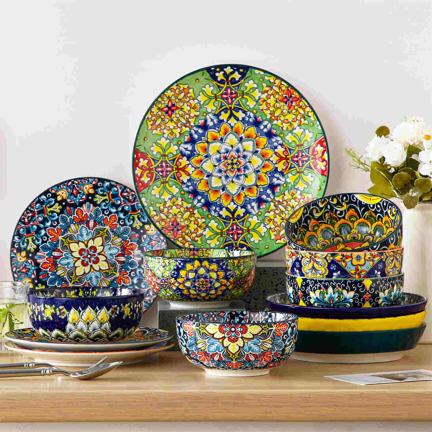 The Simi Set of 6 Double-Sided Stoneware Bowls features a stylish boho chic design-vancasso