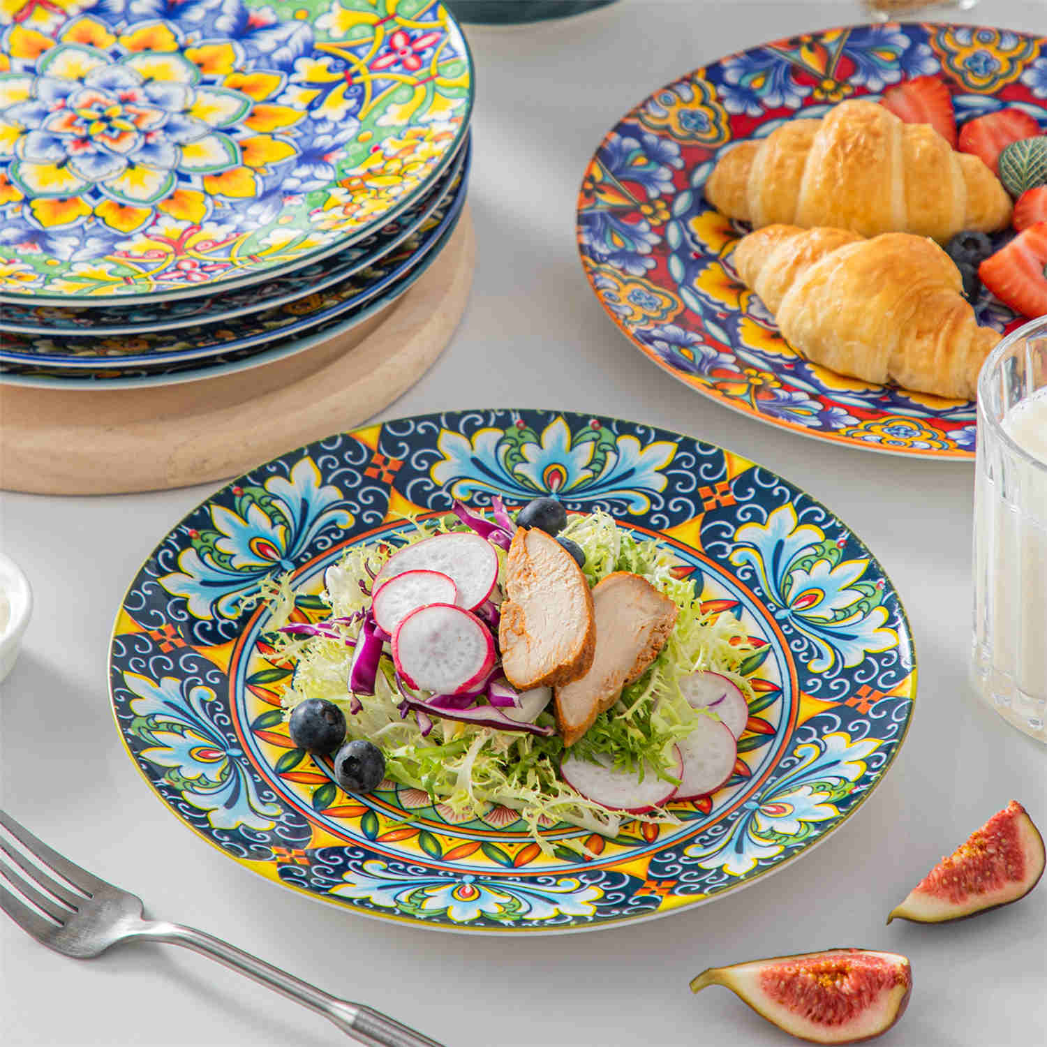 Boho Chic Simi Porcelain Salad Plates Set of 6 with Vibrant Pattern-vancasso