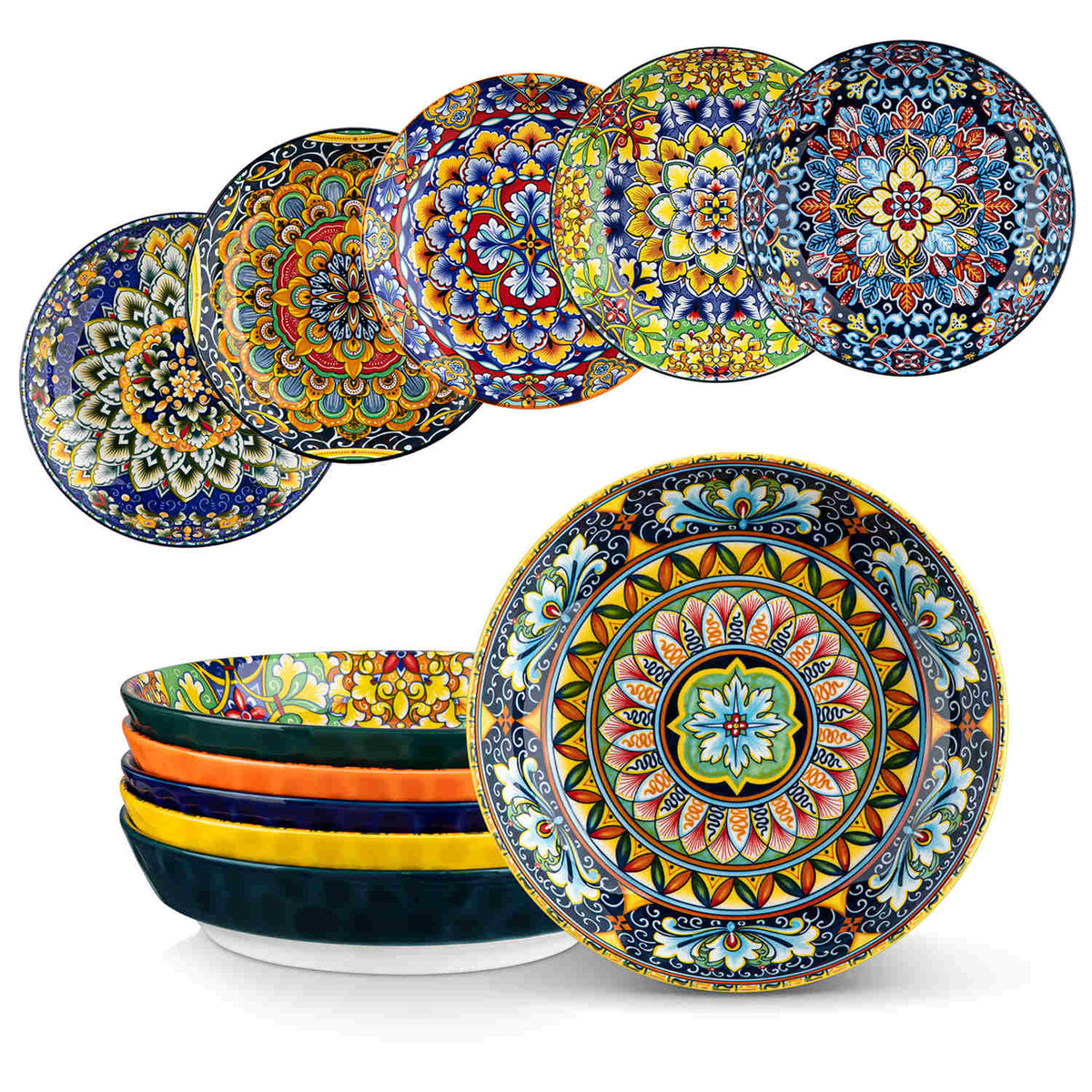 Boho Chic Simi Porcelain Pasta Bowls Set of 6 with Vibrant Pattern-vancasso