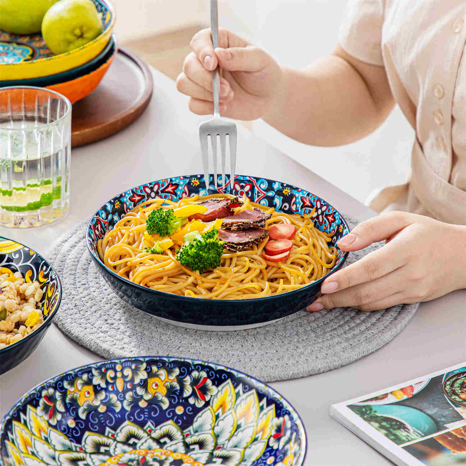 Boho Chic Simi Porcelain Pasta Bowls Set of 6 with Vibrant Pattern-vancasso