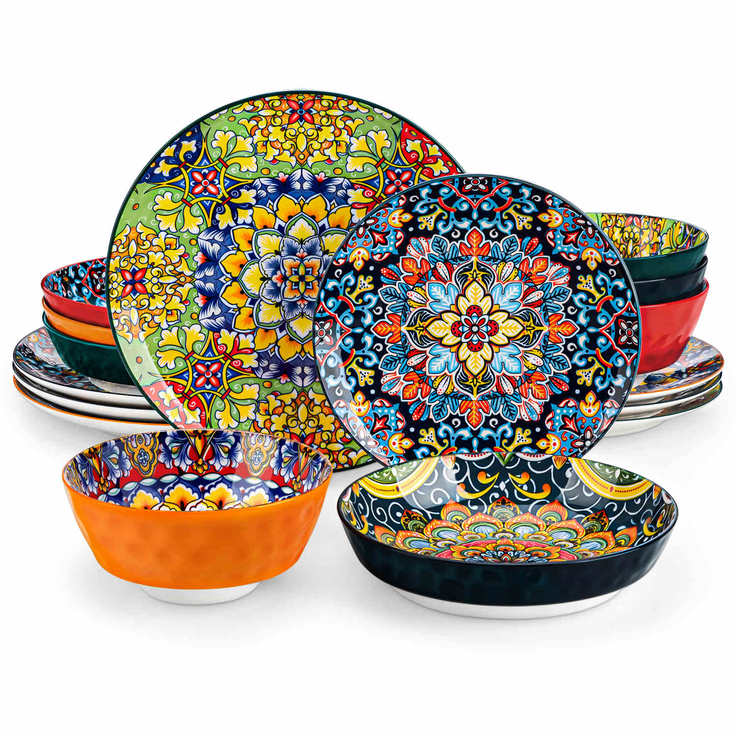 Boho Chic Simi 16-Piece Porcelain Dinnerware Set with Embossed Cereal Bowls-vancasso