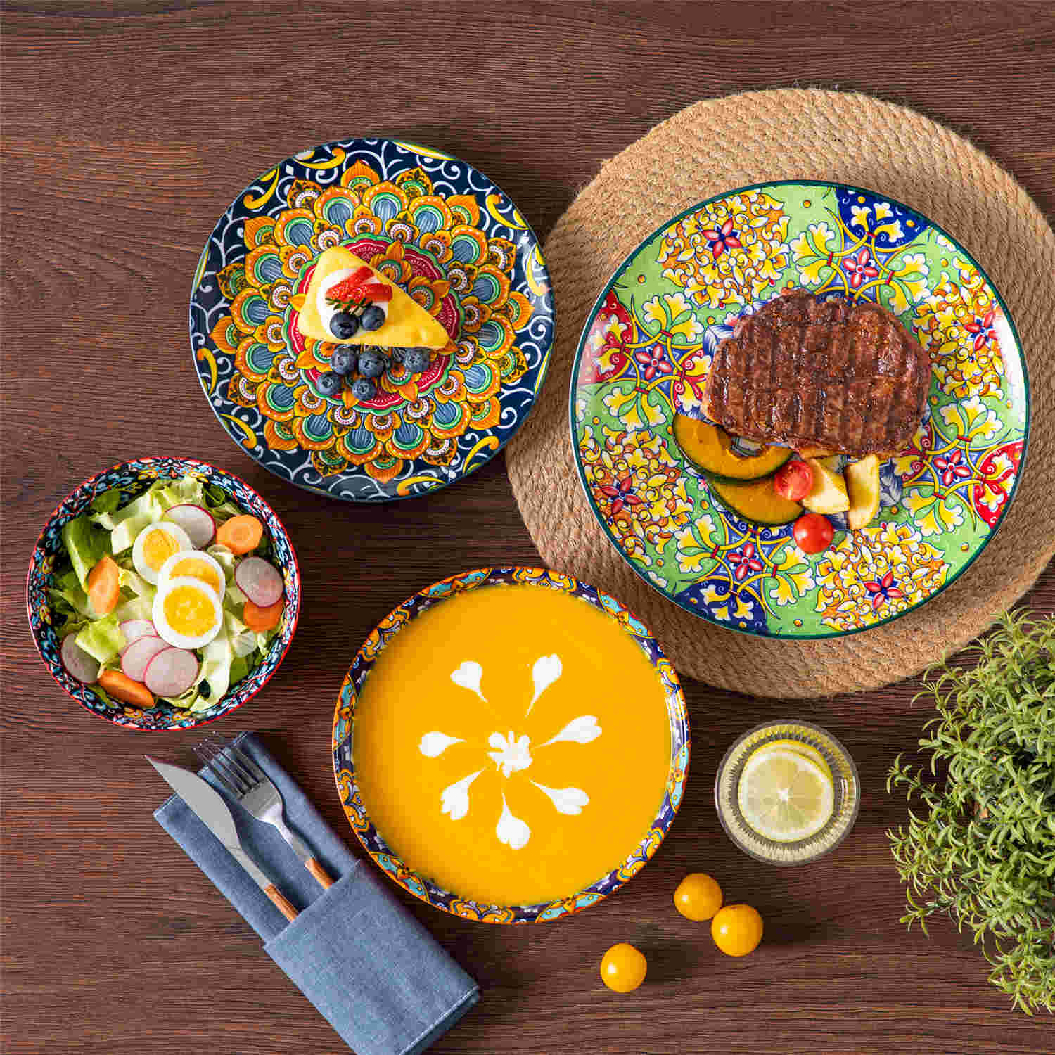 Boho Chic Simi 16-Piece Porcelain Dinnerware Set with Embossed Cereal Bowls-vancasso