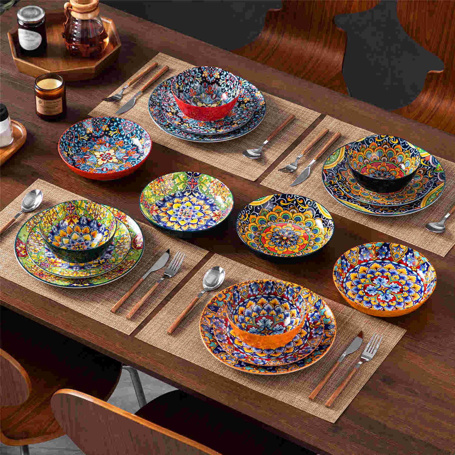 Boho Chic Simi 16-Piece Porcelain Dinnerware Set with Embossed Cereal Bowls-vancasso