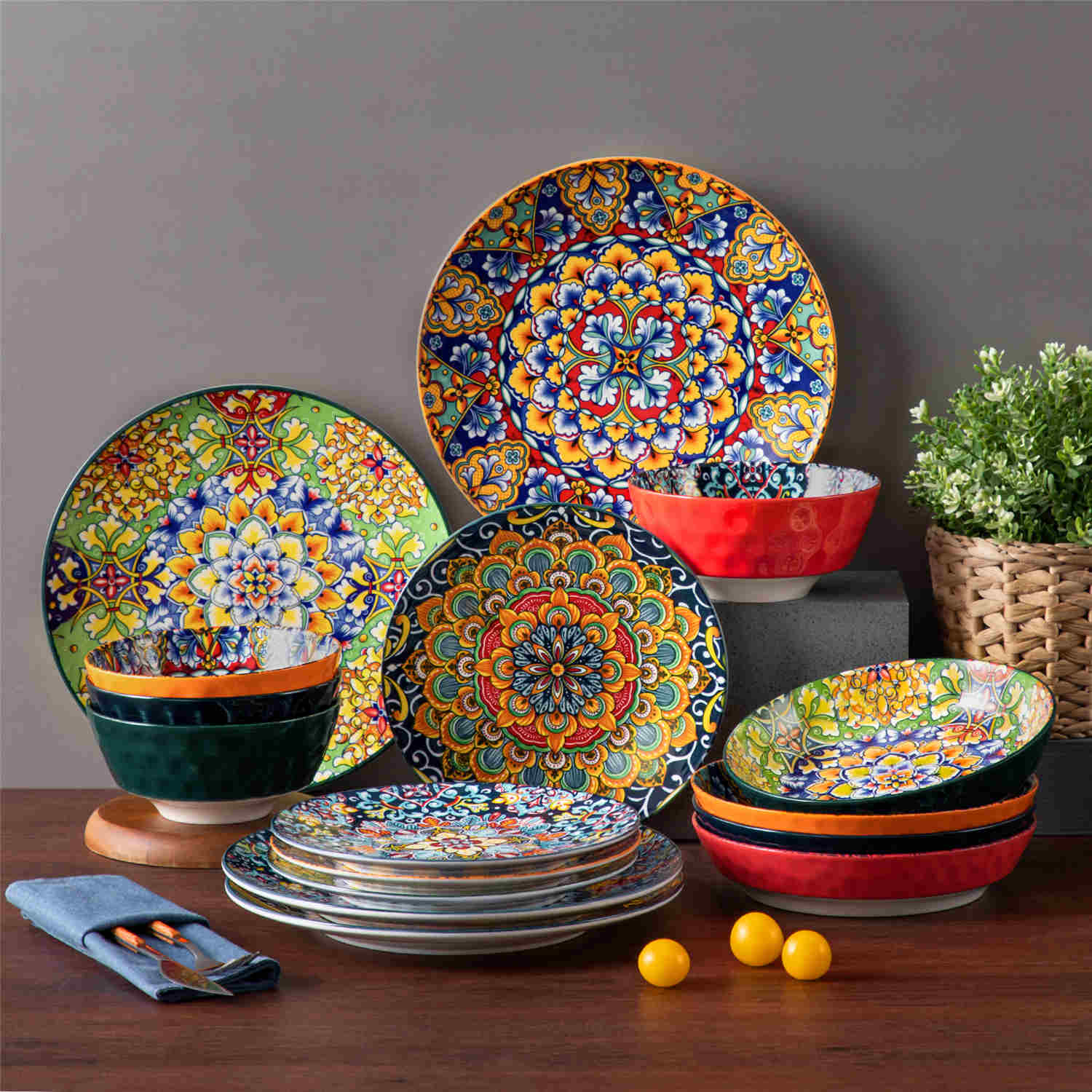 Boho Chic Simi 16-Piece Porcelain Dinnerware Set with Embossed Cereal Bowls-vancasso