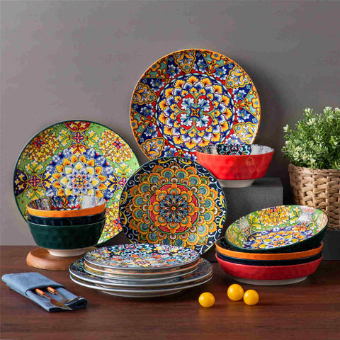 Boho Chic Simi 16-Piece Porcelain Dinnerware Set with Embossed Cereal Bowls-vancasso