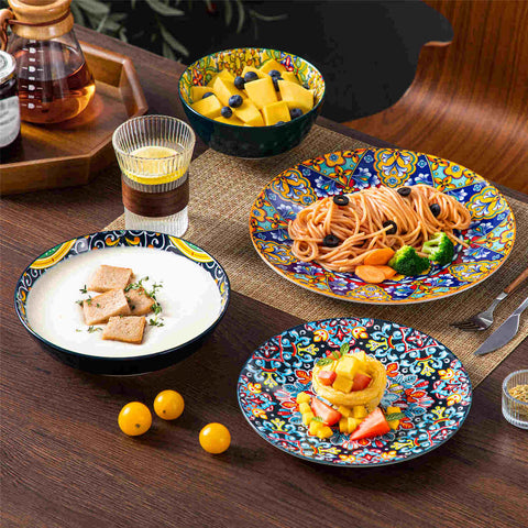 Boho Chic Simi 16-Piece Porcelain Dinnerware Set with Embossed Cereal Bowls-vancasso