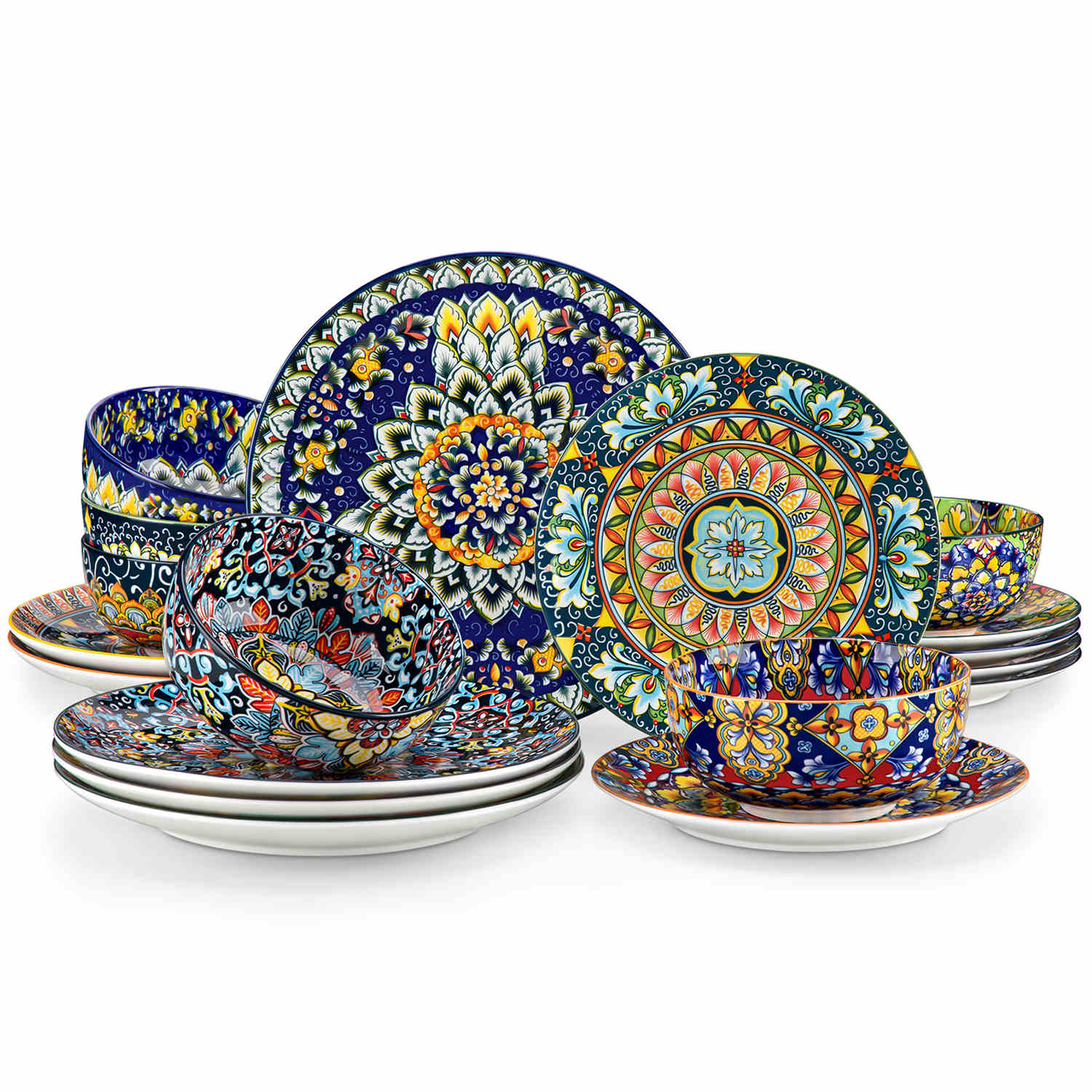 vancasso Simi 18-Piece Porcelain Dinnerware Set Featuring Double-Sided Bowls, Blending Bohemian Charm With Practicality For A Stylish Dining Experience.