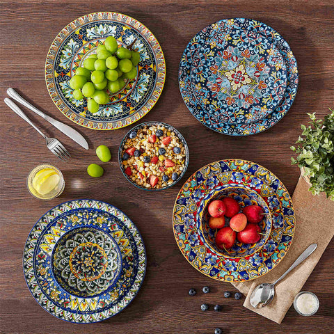 vancasso Simi 18-Piece Porcelain Dinnerware Set Featuring Double-Sided Bowls, Blending Bohemian Charm With Practicality For A Stylish Dining Experience.