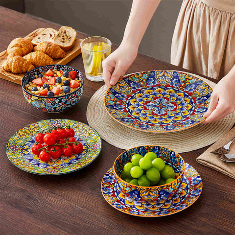 vancasso Simi 18-Piece Porcelain Dinnerware Set Featuring Double-Sided Bowls, Blending Bohemian Charm With Practicality For A Stylish Dining Experience.