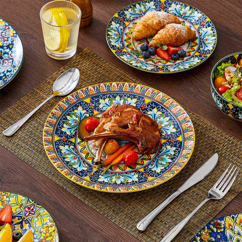 vancasso Simi 18-Piece Porcelain Dinnerware Set Featuring Double-Sided Bowls, Blending Bohemian Charm With Practicality For A Stylish Dining Experience.