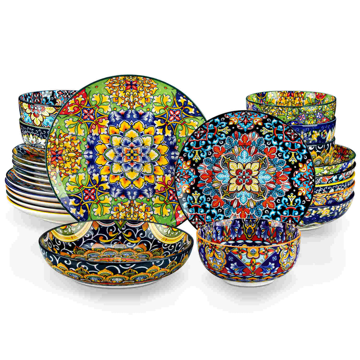 vancasso Simi 24-Piece Dinnerware Set With Double-Sided Bowls, Showcasing Vibrant Bohemian Patterns For An Elegant And Versatile Table Setting.