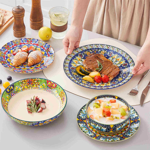 vancasso Simi 24-Piece Dinnerware Set With Double-Sided Bowls, Showcasing Vibrant Bohemian Patterns For An Elegant And Versatile Table Setting.