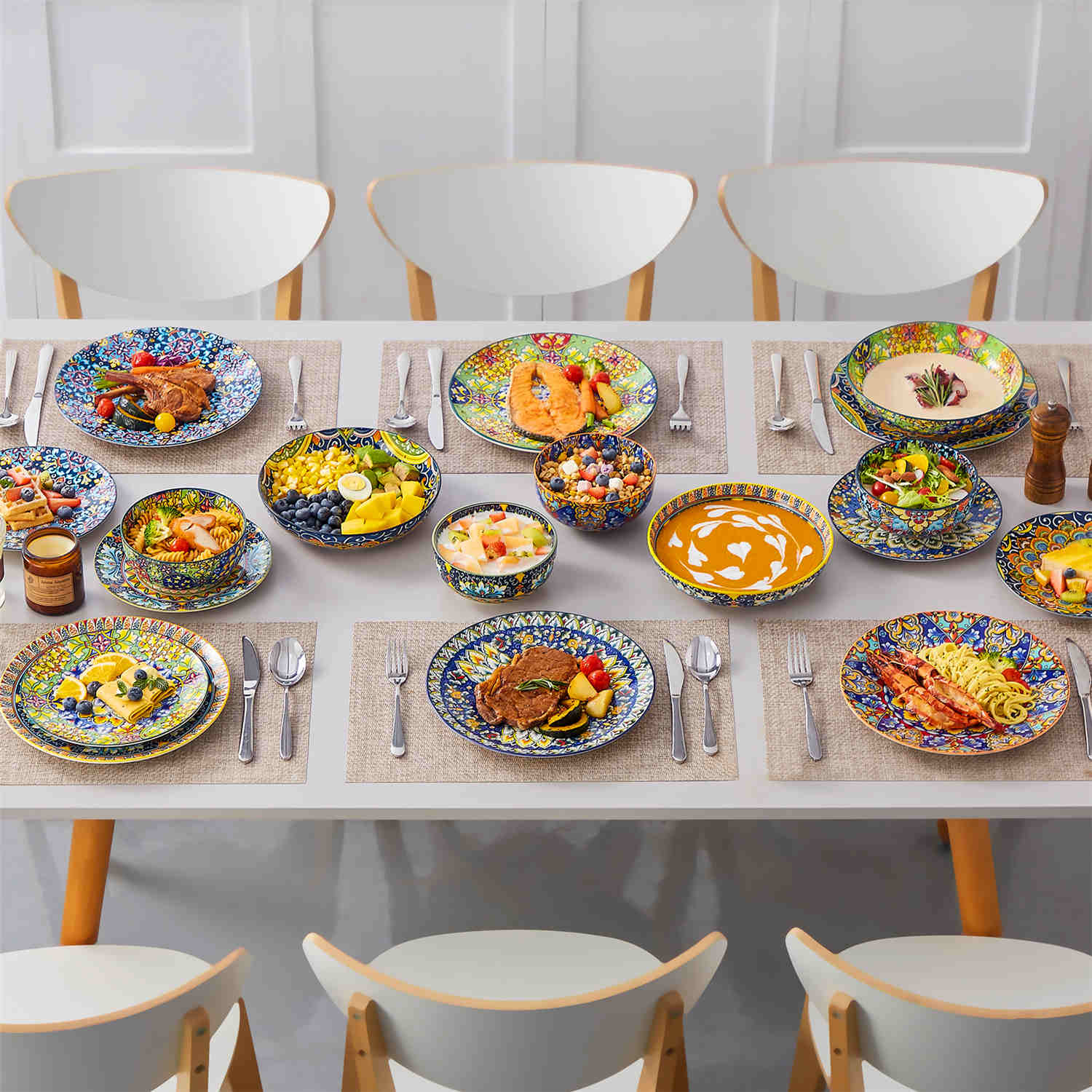 vancasso Simi 24-Piece Dinnerware Set With Double-Sided Bowls, Showcasing Vibrant Bohemian Patterns For An Elegant And Versatile Table Setting.