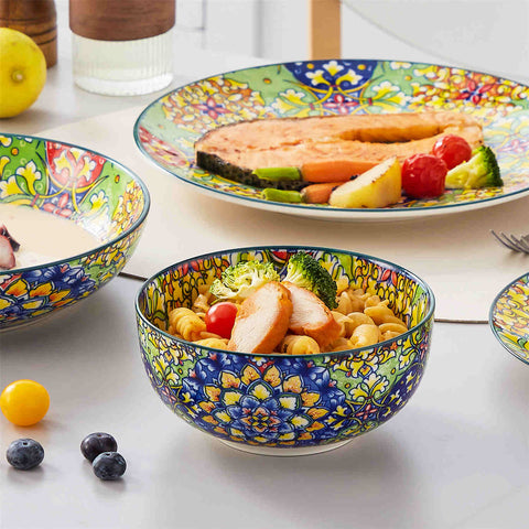 vancasso Simi 24-Piece Dinnerware Set With Double-Sided Bowls, Showcasing Vibrant Bohemian Patterns For An Elegant And Versatile Table Setting.