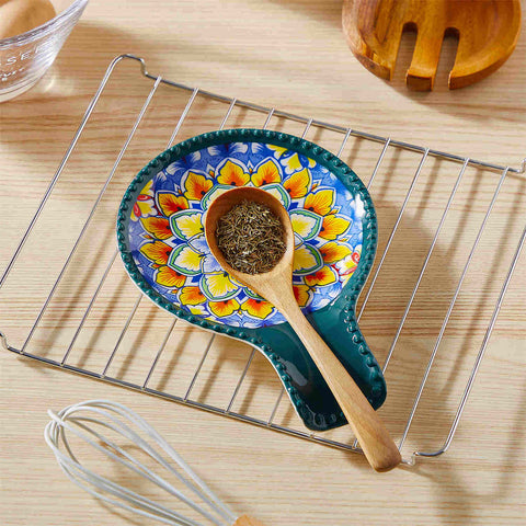 vancasso Simi Spoon Rest Featuring A Vibrant Bohemian Design - Crafted From Durable Porcelain To Keep Your Countertop Clean And Organized While Cooking - Forest Green