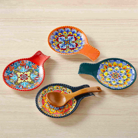 vancasso Simi Spoon Rest Featuring A Vibrant Bohemian Design - Crafted From Durable Porcelain To Keep Your Countertop Clean And Organized While Cooking - Forest Green