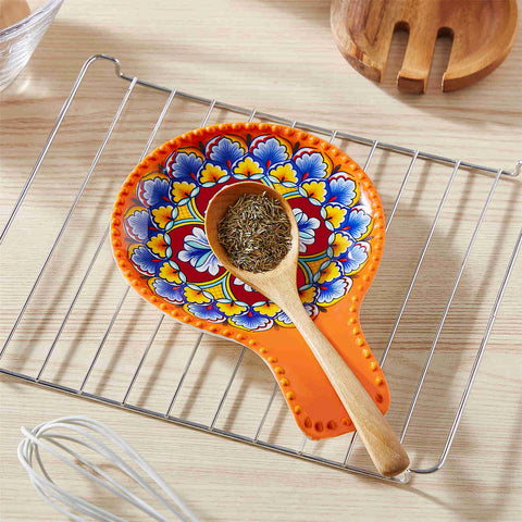 vancasso Simi Spoon Rest Featuring A Vibrant Bohemian Design - Crafted From Durable Porcelain To Keep Your Countertop Clean And Organized While Cooking - Sunny Orange