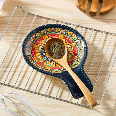 vancasso Simi Spoon Rest Featuring A Vibrant Bohemian Design - Crafted From Durable Porcelain To Keep Your Countertop Clean And Organized While Cooking - Deep Teal