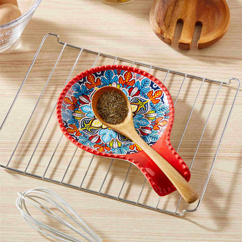 vancasso Simi Spoon Rest Featuring A Vibrant Bohemian Design - Crafted From Durable Porcelain To Keep Your Countertop Clean And Organized While Cooking - Fiery Red