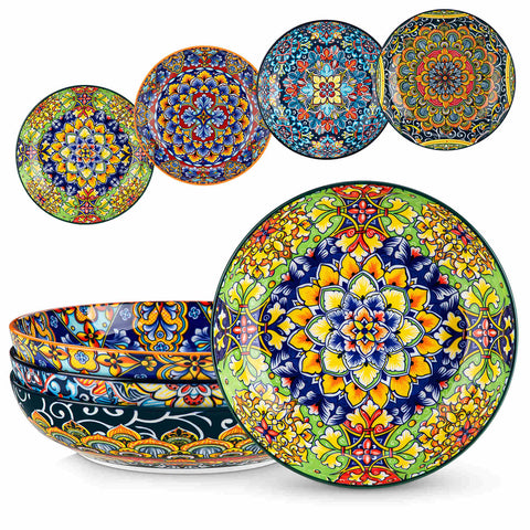 vancasso Simi Double-Sided Pasta Bowls Set Of 4, Perfect For Serving Pasta, Salads, Or Soups. The Unique Double-Sided Design Adds A Touch Of Bohemian Charm, Made From High-Quality Porcelain For Durability And Style.