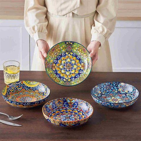 vancasso Simi Double-Sided Pasta Bowls Set Of 4, Perfect For Serving Pasta, Salads, Or Soups. The Unique Double-Sided Design Adds A Touch Of Bohemian Charm, Made From High-Quality Porcelain For Durability And Style.