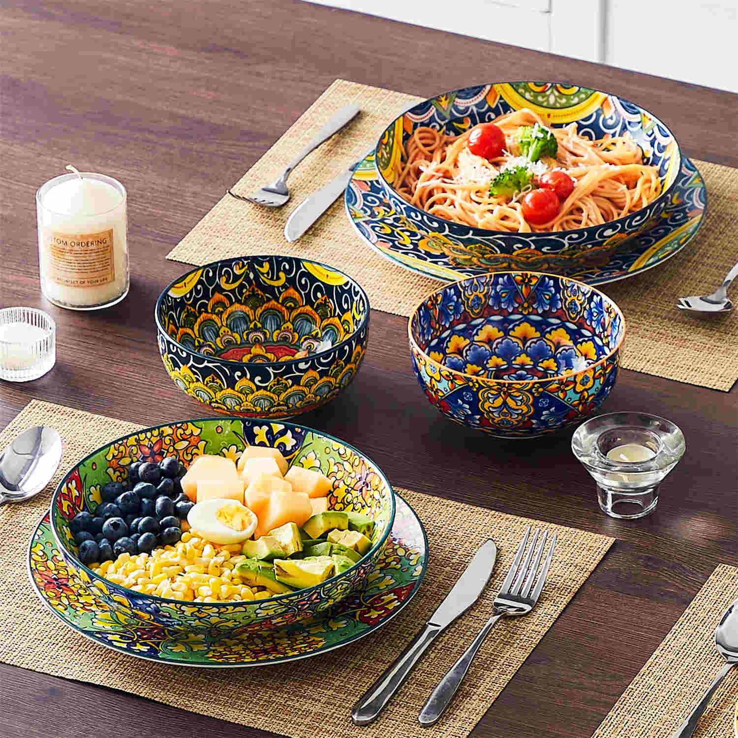 vancasso Simi Double-Sided Pasta Bowls Set Of 4, Perfect For Serving Pasta, Salads, Or Soups. The Unique Double-Sided Design Adds A Touch Of Bohemian Charm, Made From High-Quality Porcelain For Durability And Style.