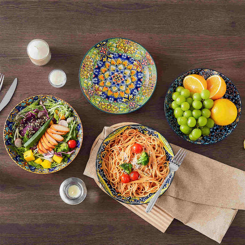 vancasso Simi Double-Sided Pasta Bowls Set Of 4, Perfect For Serving Pasta, Salads, Or Soups. The Unique Double-Sided Design Adds A Touch Of Bohemian Charm, Made From High-Quality Porcelain For Durability And Style.