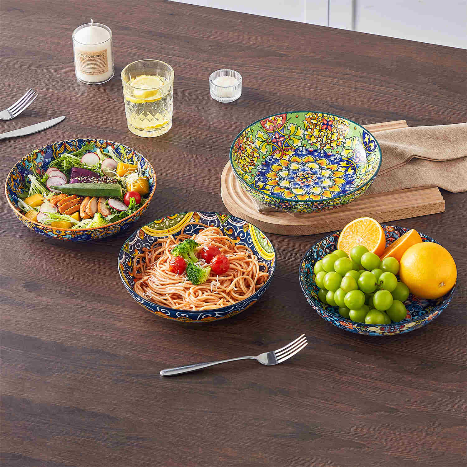 vancasso Simi Double-Sided Pasta Bowls Set Of 4, Perfect For Serving Pasta, Salads, Or Soups. The Unique Double-Sided Design Adds A Touch Of Bohemian Charm, Made From High-Quality Porcelain For Durability And Style.