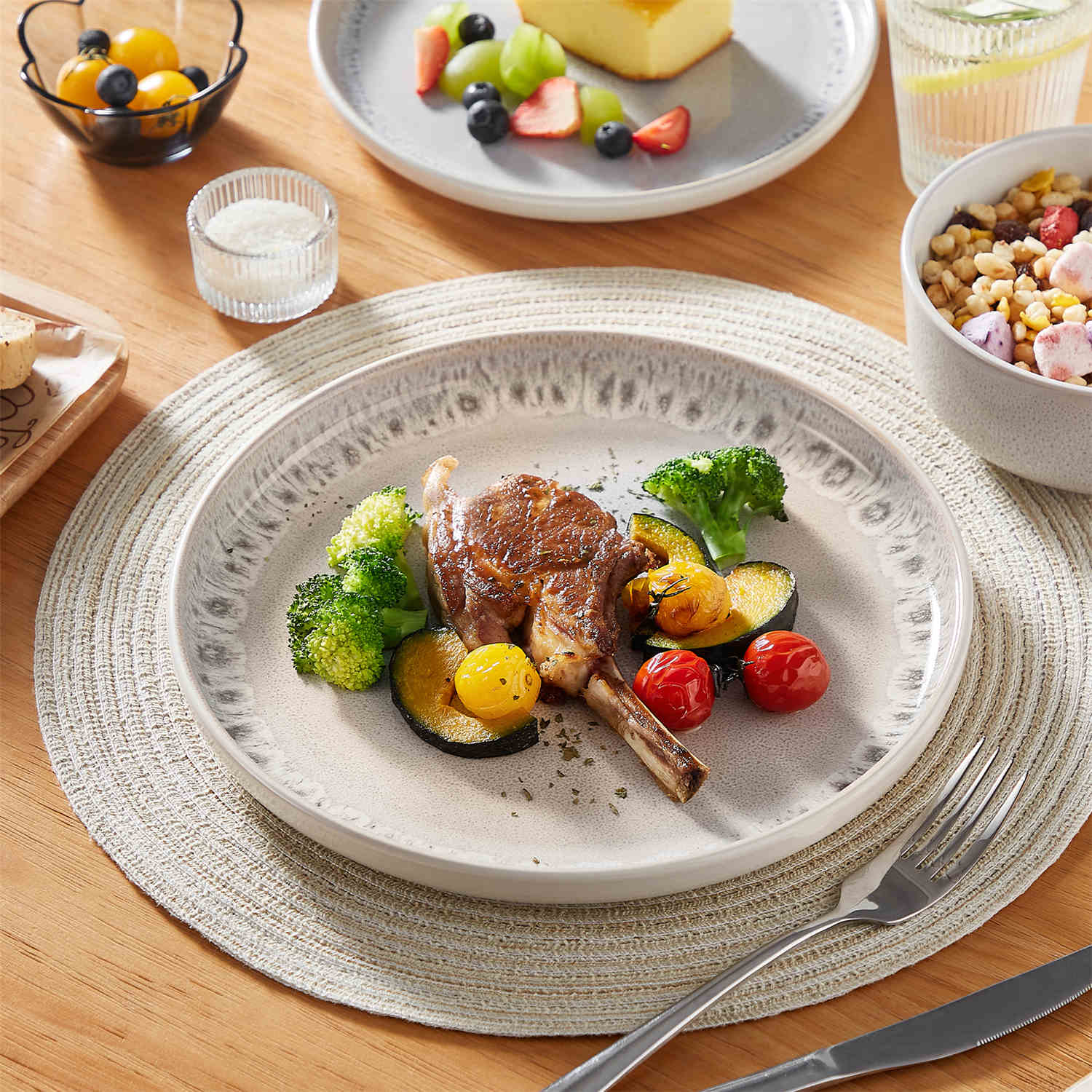 Snow 18-Piece Stoneware Dinnerware Set featuring a Mediterranean-inspired design with a unique snowflake glaze - serving pieces that add charm to any dining table - Beige - vancassso