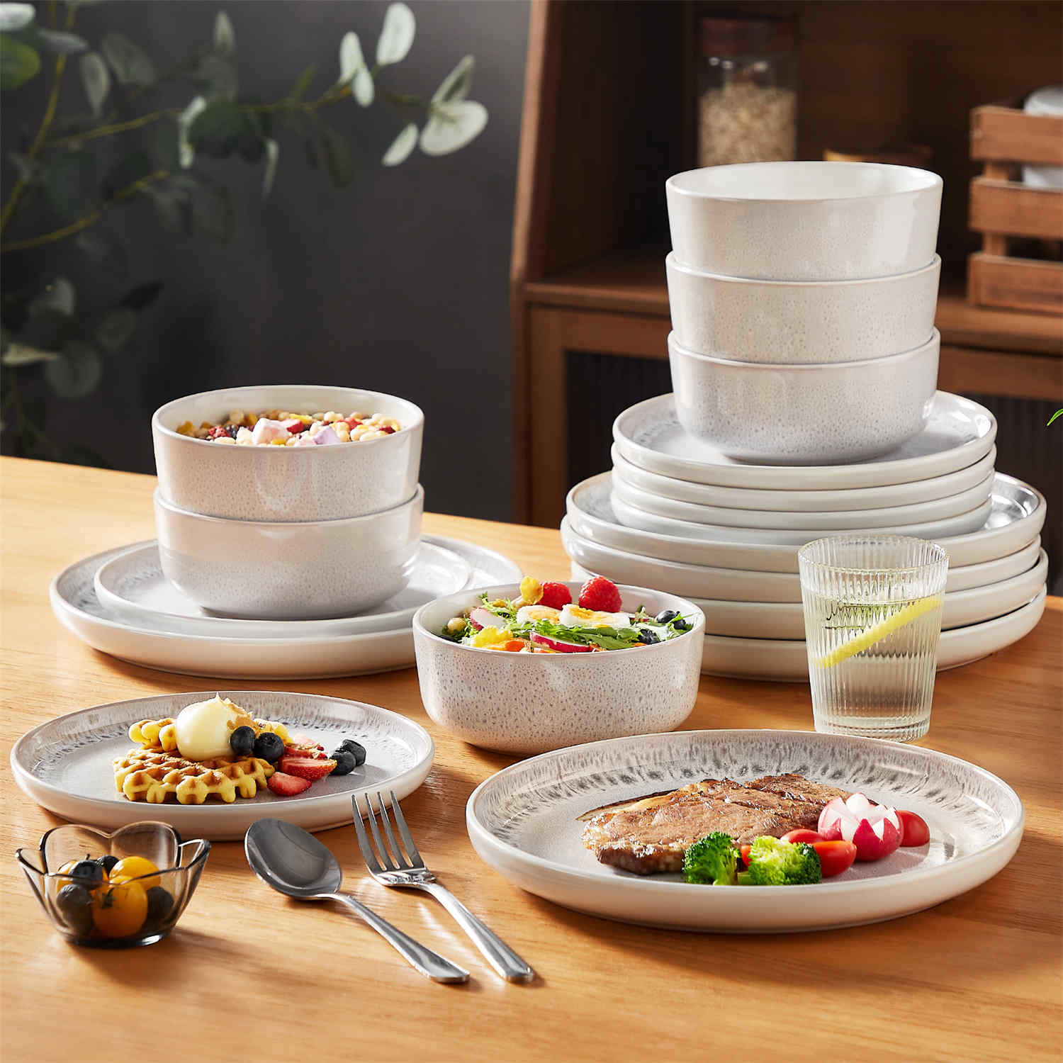 Snow 18-Piece Stoneware Dinnerware Set featuring a Mediterranean-inspired design with a unique snowflake glaze - serving pieces that add charm to any dining table - Beige - vancassso