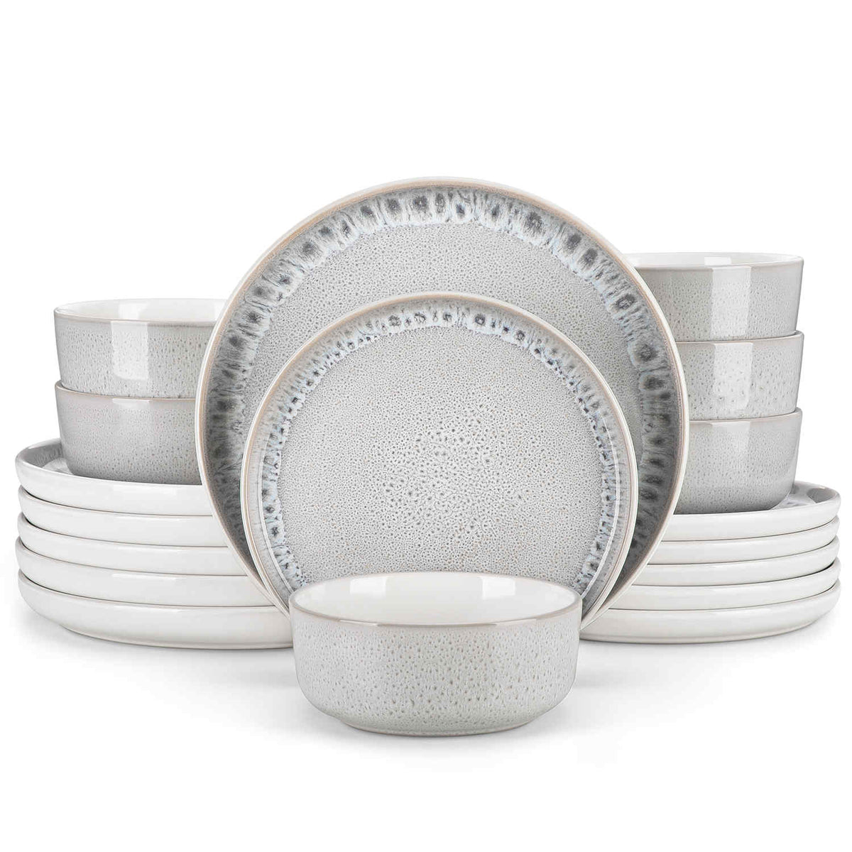 Snow 18-Piece Stoneware Dinnerware Set featuring a Mediterranean-inspired design with a unique snowflake glaze - serving pieces that add charm to any dining table - Beige - vancassso