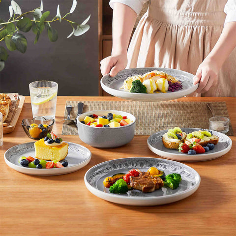 Snow 18-Piece Stoneware Dinnerware Set featuring a Mediterranean-inspired design with a unique snowflake glaze - serving pieces that add charm to any dining table - Grey - vancassso