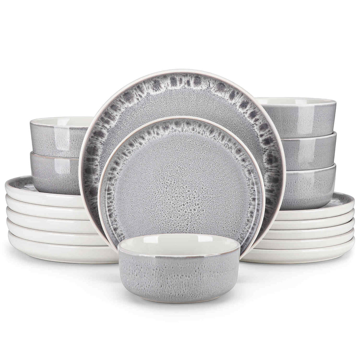 Snow 18-Piece Stoneware Dinnerware Set featuring a Mediterranean-inspired design with a unique snowflake glaze - serving pieces that add charm to any dining table - Grey - vancassso