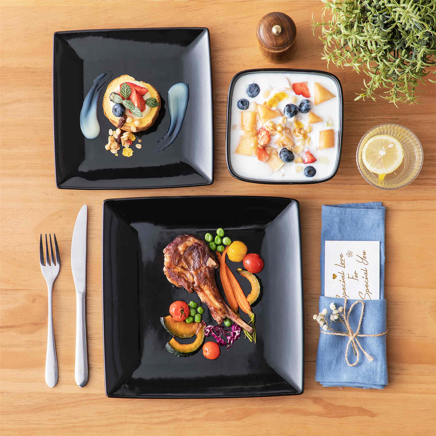 vancasso Soho black 12-piece stoneware dinnerware set from the Soho collection - with plates and bowls for 4 people-creating an elevated dining experience