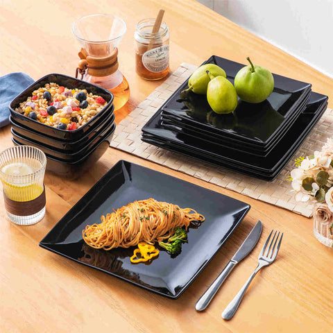 vancasso Soho black 12-piece stoneware dinnerware set from the Soho collection - with plates and bowls for 4 people-creating an elevated dining experience