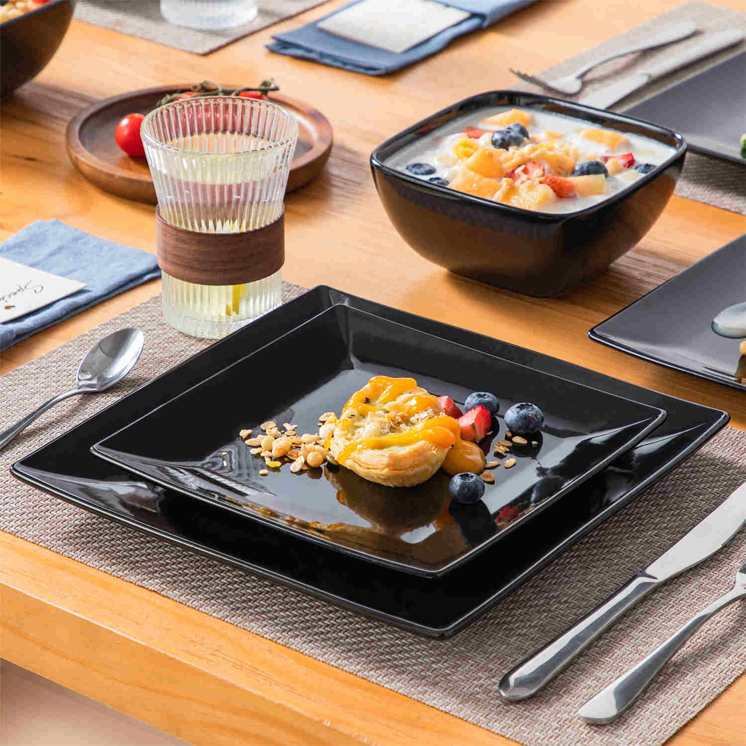 vancasso Soho black 12-piece stoneware dinnerware set from the Soho collection - with plates and bowls for 4 people-creating an elevated dining experience