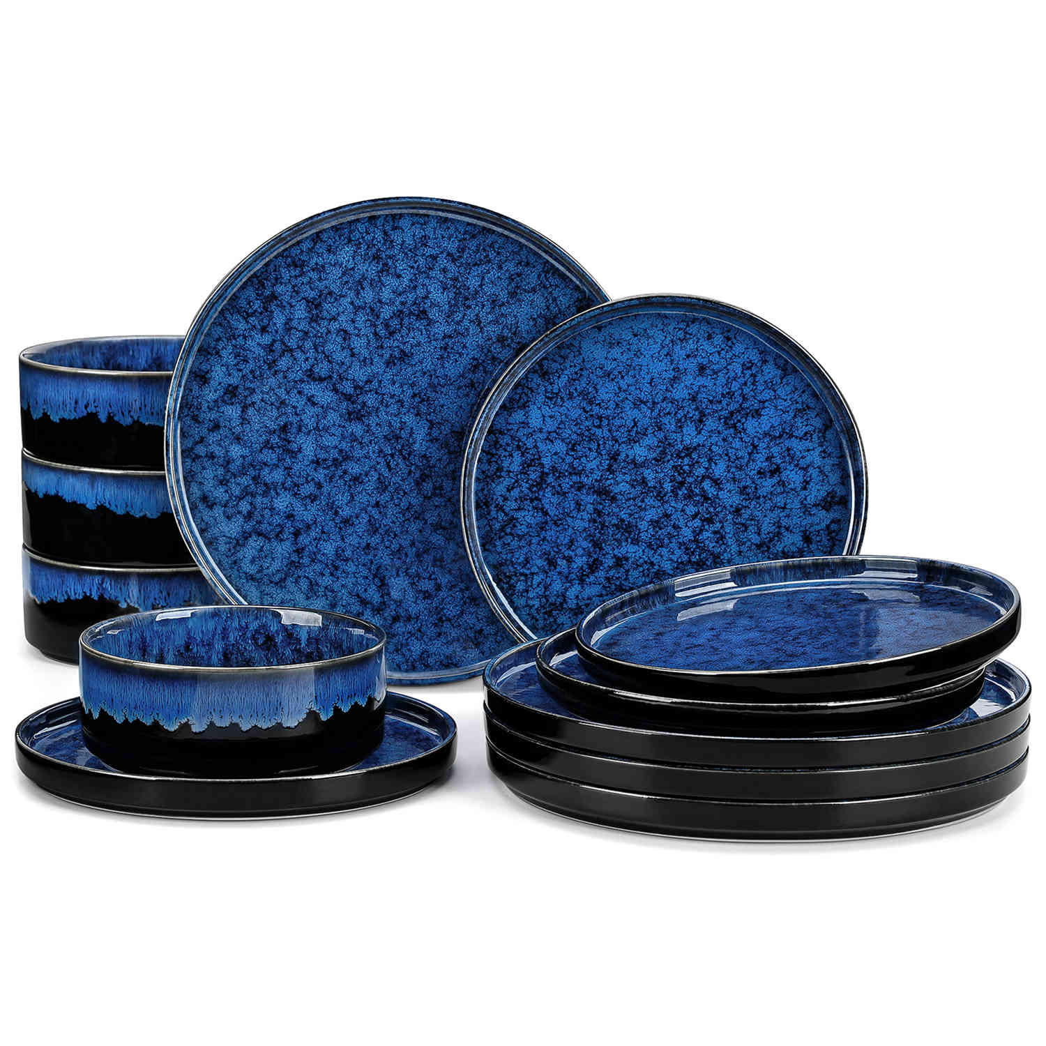 vancasso Starry 12-Piece Blue Stoneware Dinnerware Set Straight-Edge Design