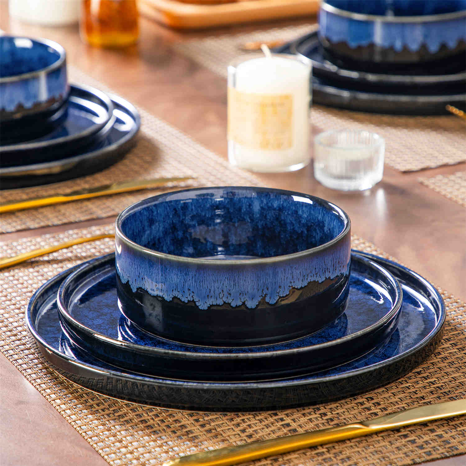 vancasso Starry 12-Piece Blue Stoneware Dinnerware Set Straight-Edge Design