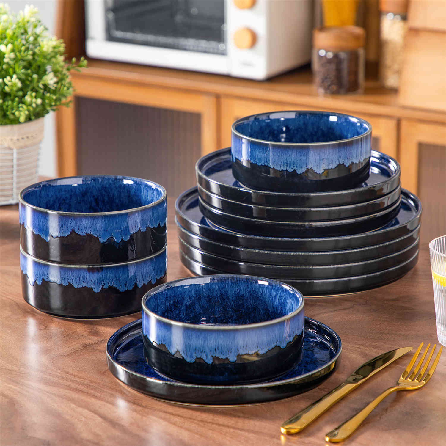 vancasso Starry 12-Piece Blue Stoneware Dinnerware Set Straight-Edge Design