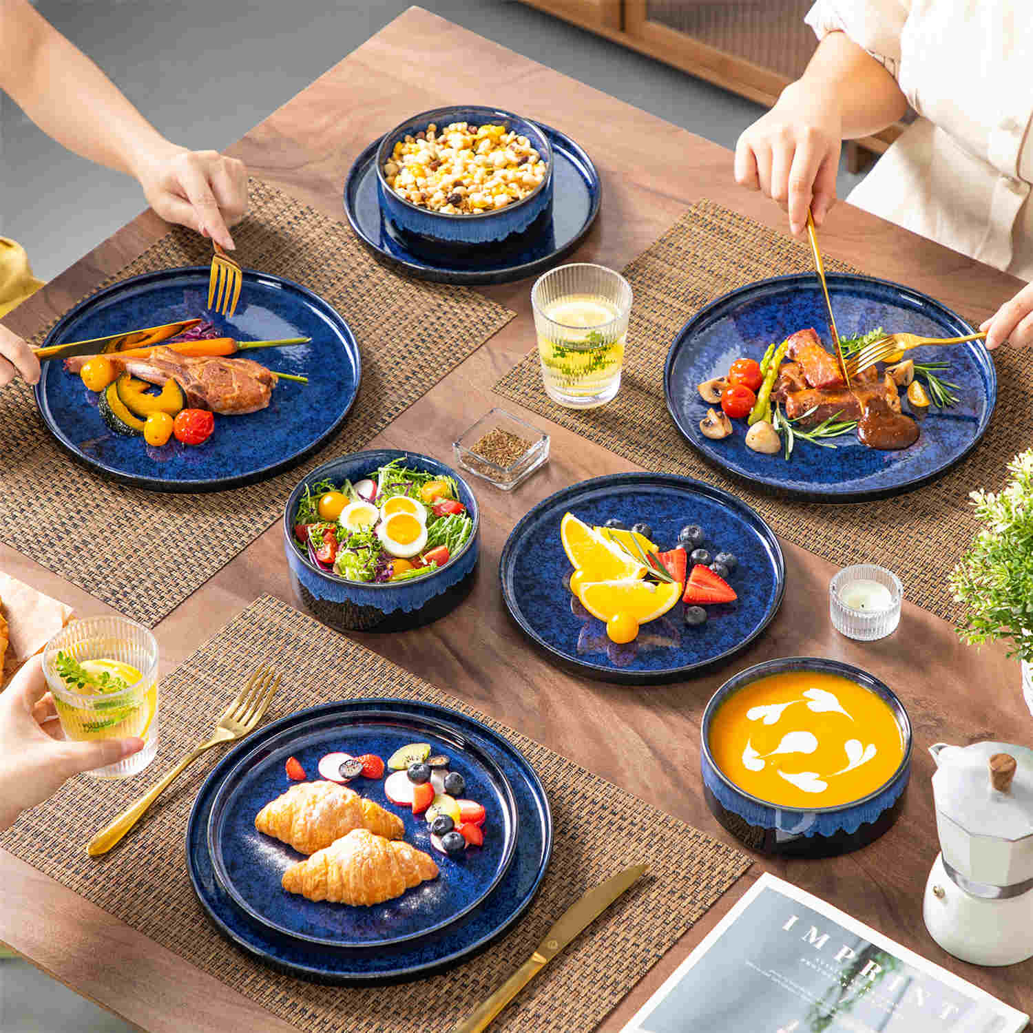 vancasso Starry 12-Piece Blue Stoneware Dinnerware Set Straight-Edge Design