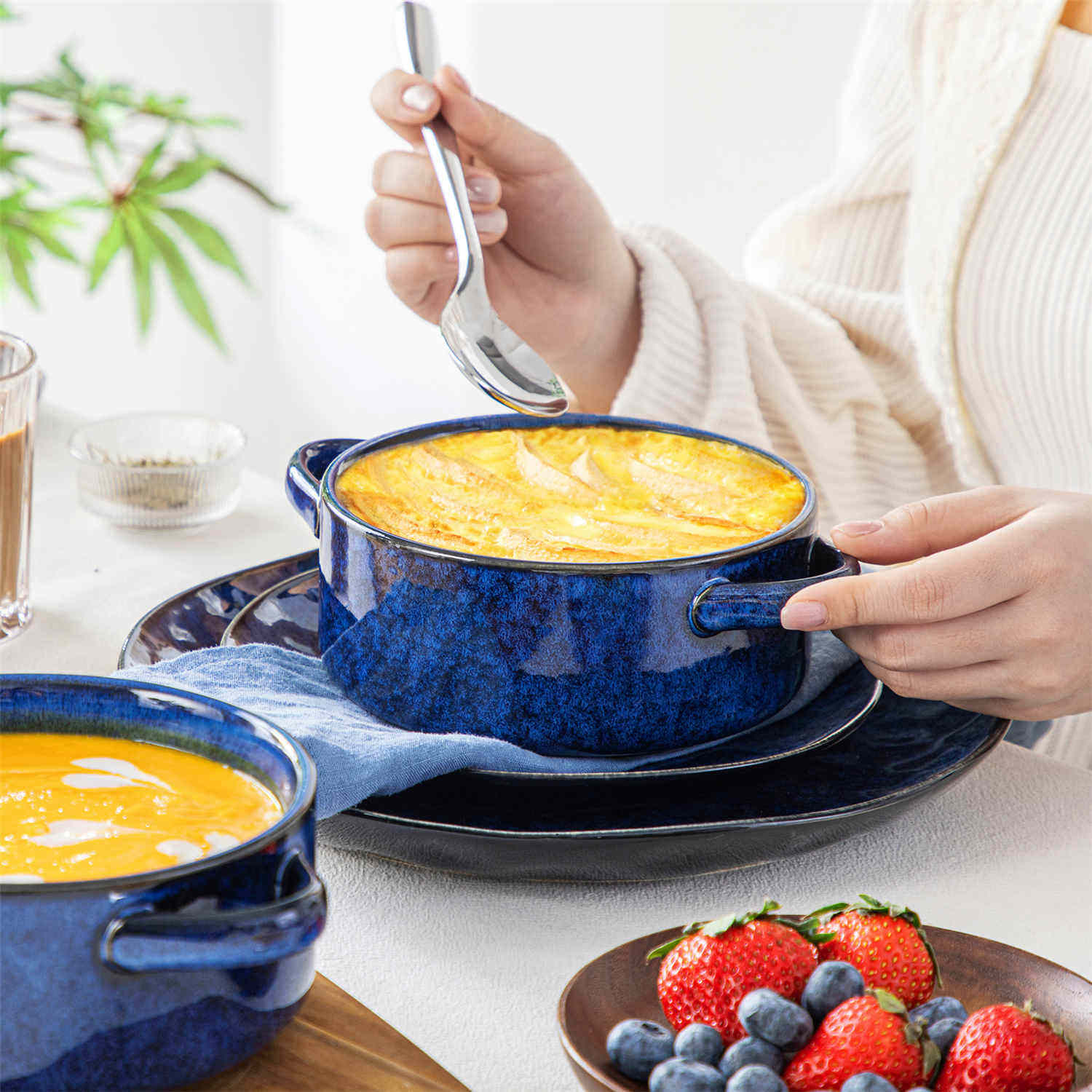 Reactive Glaze Starry Blue Handled Soup Bowls Set of 4-vancasso