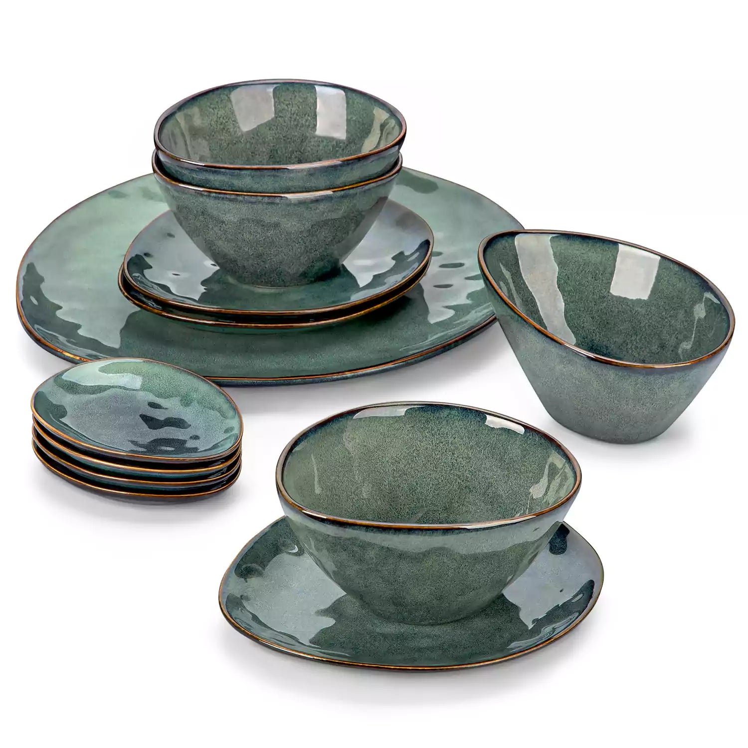 Starry 11-Piece Dinnerware Set with Oval Plates - Bowls - and Serving Dishes in Green Reactive Glaze-vancasso