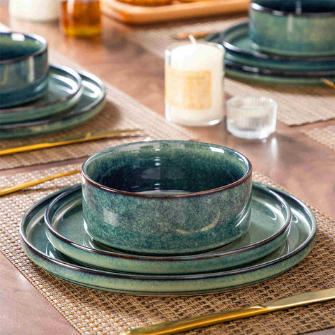 vancasso Starry 12-Piece Green Stoneware Dinnerware Set Straight-Edge Design