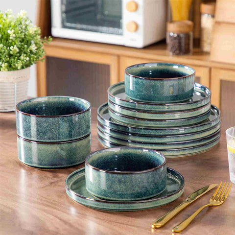 vancasso Starry 12-Piece Green Stoneware Dinnerware Set Straight-Edge Design