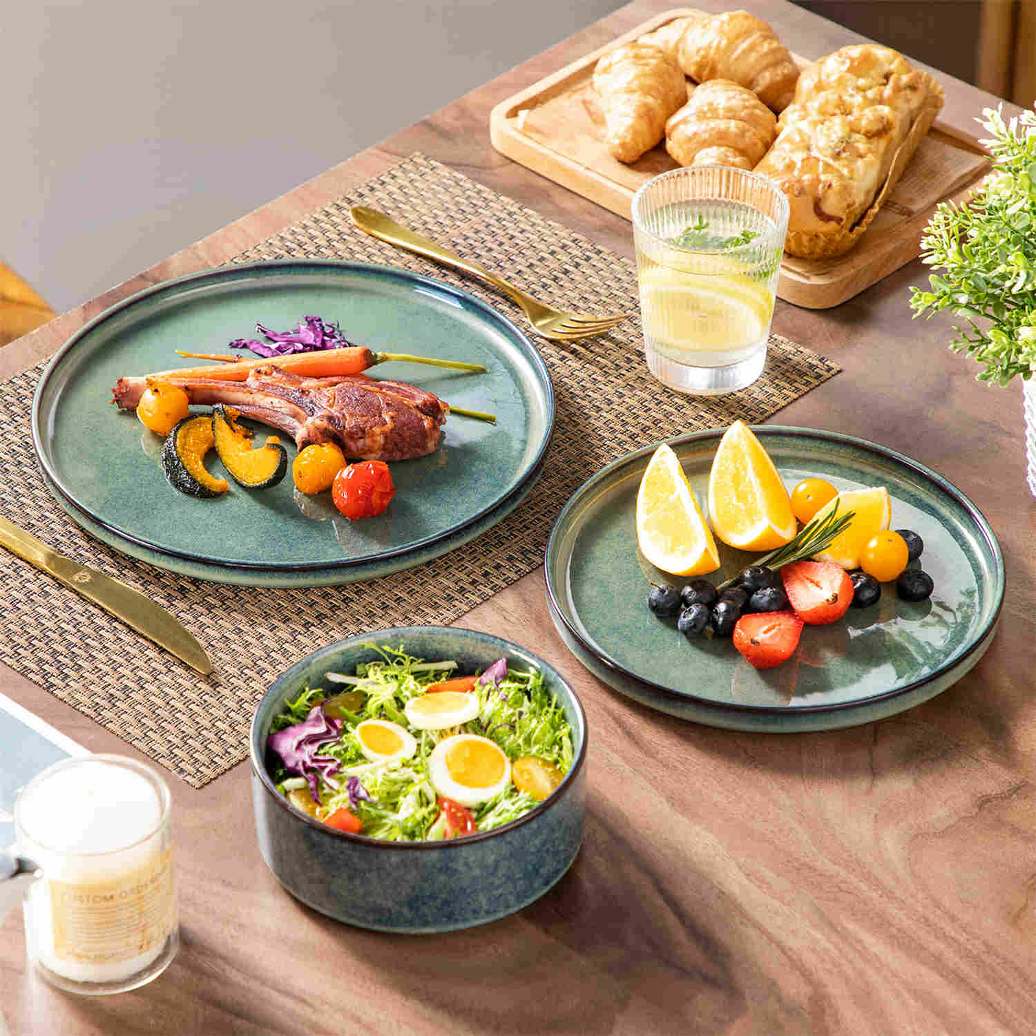 vancasso Starry 12-Piece Green Stoneware Dinnerware Set Straight-Edge Design