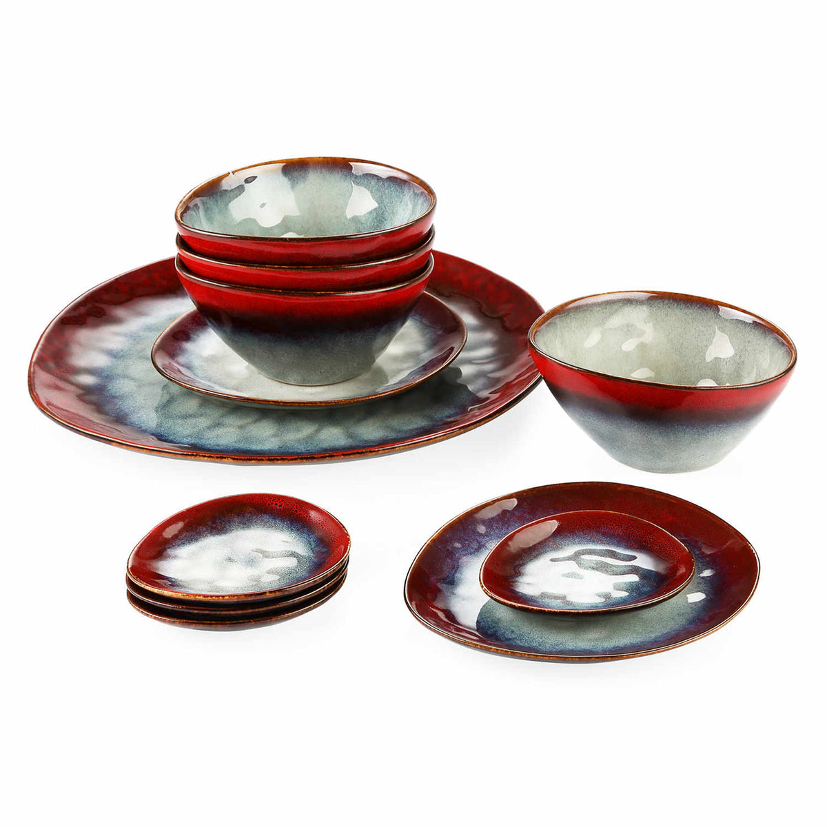 Starry 11-Piece Dinnerware Set with Oval Plates - Bowls - and Serving Dishes in Red Reactive Glaze-vancasso