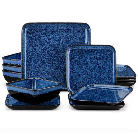 Stern 12-Piece Blue Stoneware Dinnerware Set - Featuring a Reactive Glaze and Modern Square Design - Service for 4 - A Compact Set Infused with Farmhouse Charm-vancasso