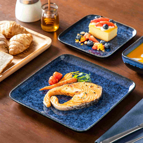 Stern 12-Piece Blue Stoneware Dinnerware Set - Featuring a Reactive Glaze and Modern Square Design - Service for 4 - A Compact Set Infused with Farmhouse Charm-vancasso