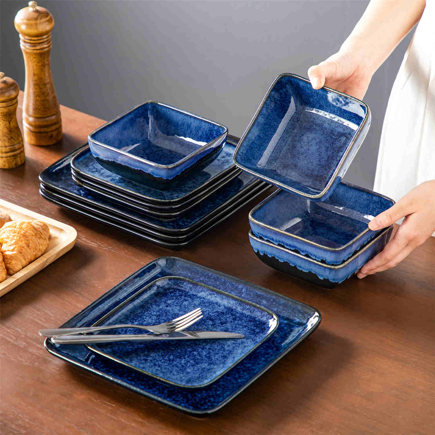 Stern 12-Piece Blue Stoneware Dinnerware Set - Featuring a Reactive Glaze and Modern Square Design - Service for 4 - A Compact Set Infused with Farmhouse Charm-vancasso